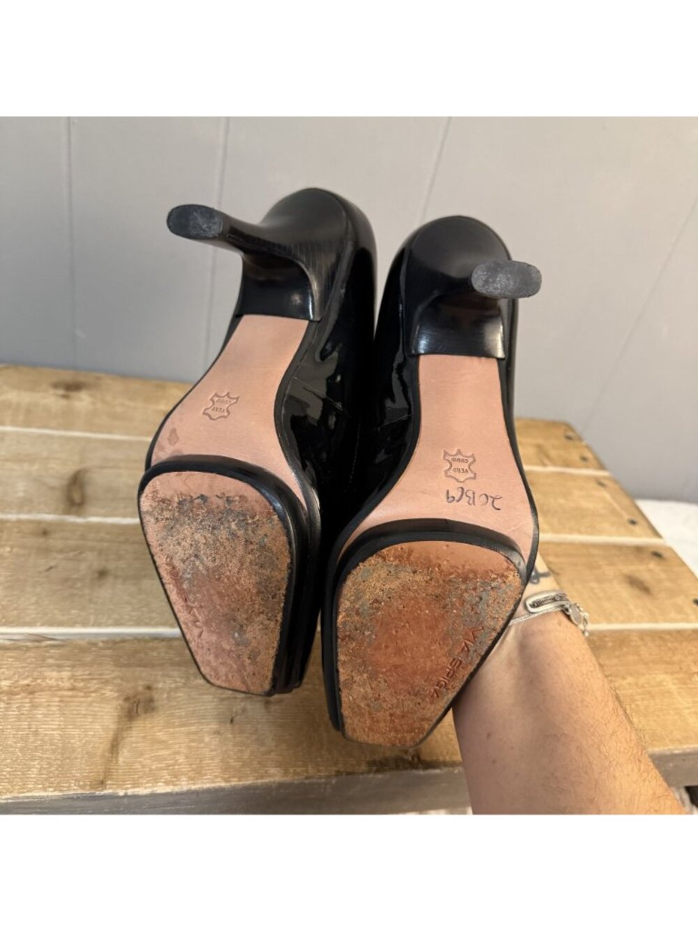 Black Patent Leather Peep Toe High Heels With Platform Sole & Stiletto Heel Size - Picture 6 of 7